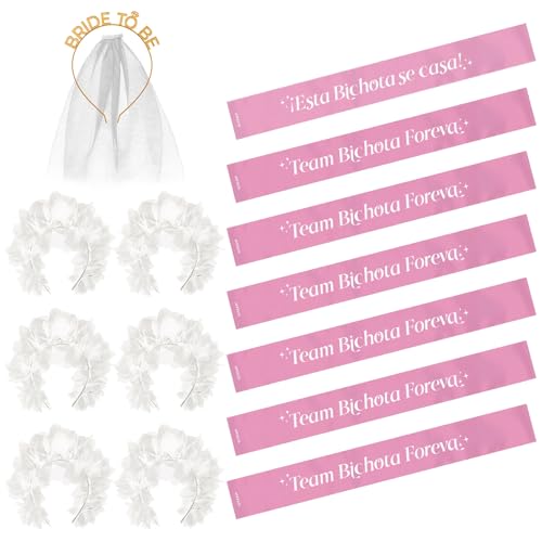 OH YEAH   Kit Despedida de Soltera Novia y Amigas   Bandas y Diademas   Accesorios Despedida Soltera   Team Bride   Diadema Bride To Be con Velo   Diademas Flores Blancas (Rosa, Novia + 6 amigas)