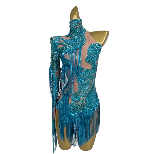 CELESINYI Women Sparkly Sequins Tassel Bodysuit Sexy Single Shoulder Leotard Performance Outfit Dance Costume Singer Show Stage Wear (Blue, One Size)