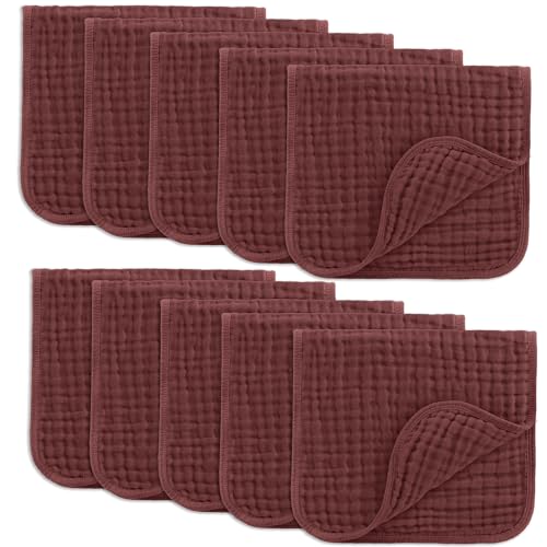 Image of Comfy Cubs Muslin Burp Cloths 20" x 10", Pack of 10 - Large, 6-Layer, Ultra Absorbent 100% Cotton for Baby Drool and Messes - Soft, Safe & Gentle Baby Burp Cloths Set for Boys & Girls - Wine