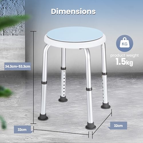 Careboda 360° Drehbarer Duschhocker,Hocker höhenverstellbar 34-52cm,bis 136KG,Rutschfester Duschstuhl aus Aluminium,Duschhocker für senioren