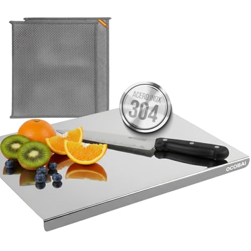 OCOBAI® Tabla de Acero Inoxidable de Cocina 40x30 Antibacteriana-Tabla de Cortar Acero Inoxidable Certificación UE, Higiénica para Cortar o Amasar-Tabla Cortar Cocina Pro. Paño de Alambre Incluido