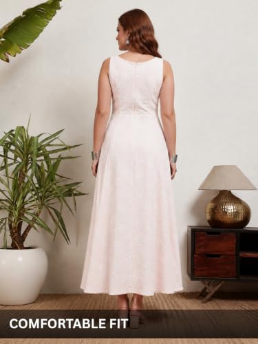 Image of Leriya Fashion Women's Jacquard Sleeveless Maxi Dress | Round Neck A-Line Long Dress for Party, Brunch & Casual Wear