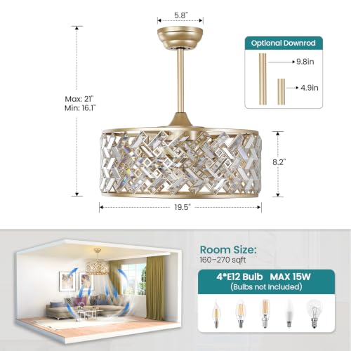 Caged Ceiling Fan with Light 20＂Gold Crystal Fandelier Remote/APP Control by KAISITE - Used condition - Image 2