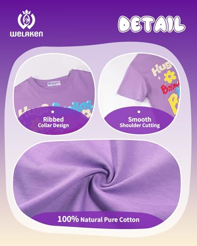Image of WELAKEN Girls Soft T-Shirt with Curved Hem, Breathable Stretchy Rayon Crewneck Short Sleeve Tees, Kids Everyday Basic Top