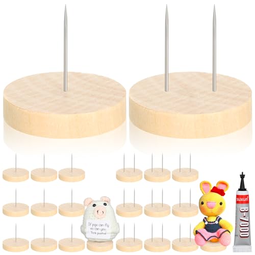 Threehoney 24 Pcs Crochet Doll Stand Wooden Knitted Display Single Double Steel Needle Doll Holder Felting Animal Toy Wooden Base Support Action Figure Stand(1.38 Inch)