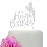 Tinker Bell Happy Birthday Cake Topper, Fairy Tinkerbell Princess Girls Birthday Party Cake Decorations, Silver Glitter