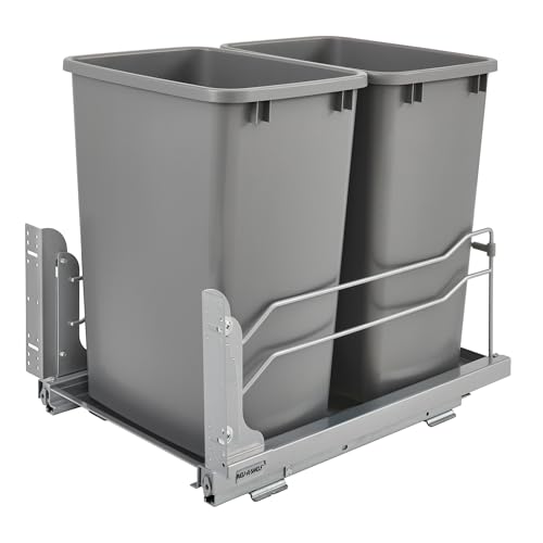 Rev-A-Shelf Double Pullout Trash Cans for Under Kitchen Cabinets 35 Quart 8.75 Gallon with Soft-Close Slides, Metallic Silver, 53WC-1835SCDM-217