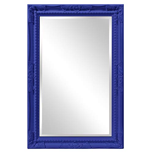Image of Howard Elliott Collection Queen Ann Rectangular Glossy Royal Blue Wall Mirror, Rectangle Hanging Wood Framed Vanity Mirrors for Home Decor, Living Room, Bathroom, Bedroom, or Hallway, 24 x 36 Inch