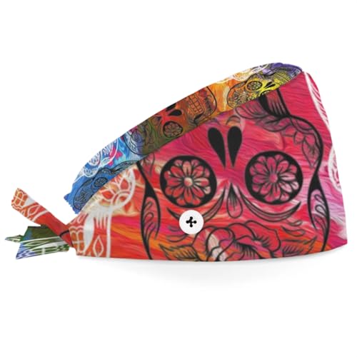Mularoka Hand Painted Colorful Skulls Working Caps with Button Sweatband Comfortable Adjustable Bouffant Hats Work Hat for Women Men