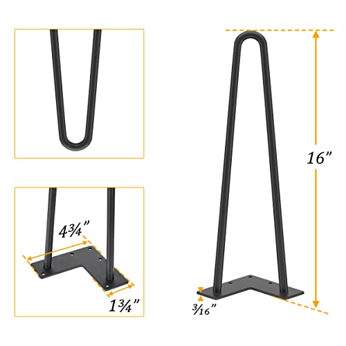 Genius Iron 16 Inches Hairpin Table Furniture Legs, 1/2" 2 Solid Rods With Industrial Design - Home Diy Projects For Modern Desks, Bench And Ding Board Include Rubber Floor Protectors, Black, 4 Pcs #TOP3