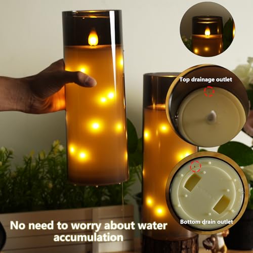 Image of kakoya 11 inch x 4 inch Large Outdoor Waterproof Flameless LED Candles with Remote and Timer,Acrylic Pillar Candles Battery Operated with Embedded Star String for Porch,Patio,Outdoor Decor,Set of 2(Grey)