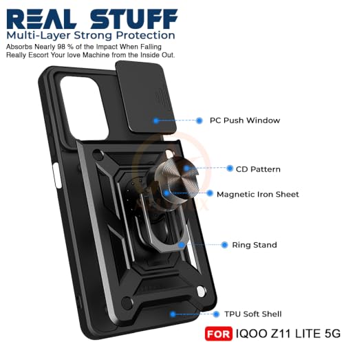 Image of Armor Bumper Back Cover Case for iQOO Z11 Lite 44W 5G Rotating Camera Cover, Ring Holder & Kickstand | Heavy Duty & 360 Degree Protection Back Cover for iQOO Z11 Lite 44W 5G (Black)