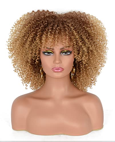 Curly Afro Wig with Bangs for Black Women Short Kinky Curly Wig 10inch Synthetic Heat Resistant Ombre Red Full Wigs (Ombre Blonde)…