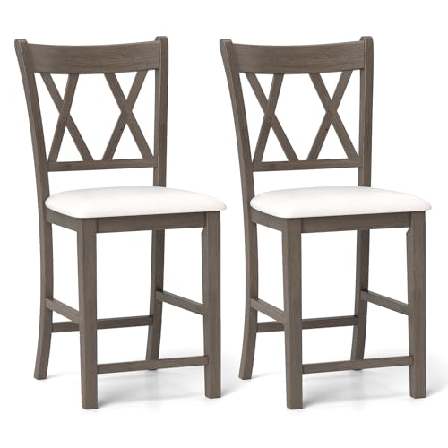Juego de 2 taburetes de bar de madera Giantex, altura de mostrador de 24 pulgadas, con respaldo cruzado y asiento tapizado en tela de lino, estilo moderno y rústico para isla de cocina, bar en casa y comedor, gris y blanco miniatura 1