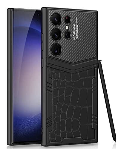 Image of BOUNCEBACK Slim Metal with Leatherette Back Case Cover for Samsung Galaxy S23 Ultra 5G / Galaxy S23 Ultra Case Cover - (Croc Black | Leather)