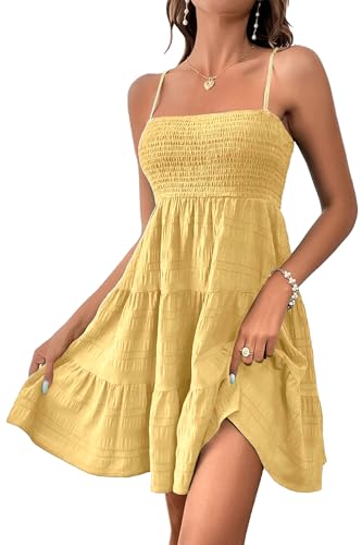 Image of HVEPUO Women Spaghetti Strap Sleeveless Smock Cami Mini Dress Summer Vacation Flowy Boho A Line Swing Short Dresses for Women