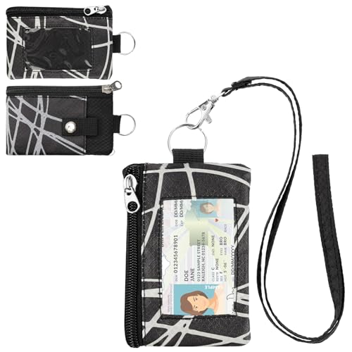 Image of Minimalist RFID Wallet with Lanyard, Multi-functional ID Case with 2 Zipper Pockets and Key Chain for Men and Women, Tactical Badge Pouch Cards Holder, Coin Purse for Travel Sports - Two-Tone