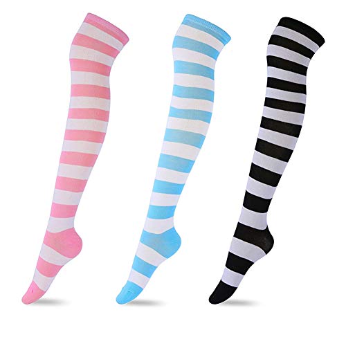 3 Pairs Over Knee High Socks Women Striped Thigh Stockings for Halloween Cosplay Leg warmer Pink White Blue Black