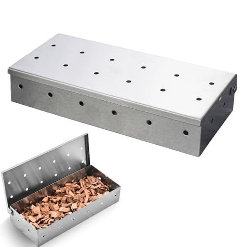 Behogan Räucherbox, 22x9.7x4.3cm Edelstahl Smokerbox für Gasgrill, Barbecue Wood Storage Box, Räucherkasten Grillzubehör, Smoke Box Grill für Elektrogrill oder Holzkohlegrill (Ohne BBQ Räucherchips)
