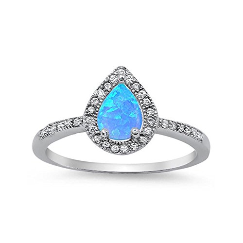 Glitzs Jewels Sterling Silver Created Blue Opal & Cubic Zirconia Halo Teardrop Ring, 10mm Choose Your Color (6)