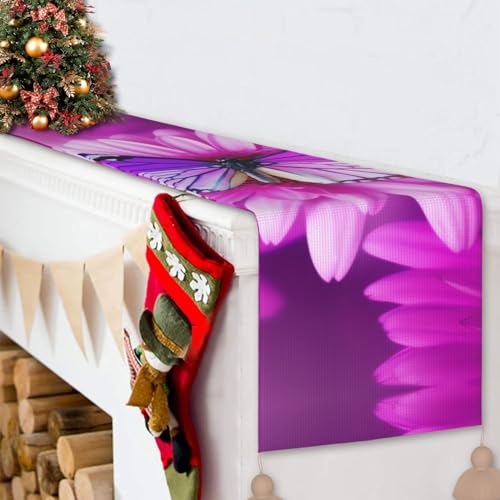 Chemin de table rustique en lin imprimé papillon violet aux finitions premium