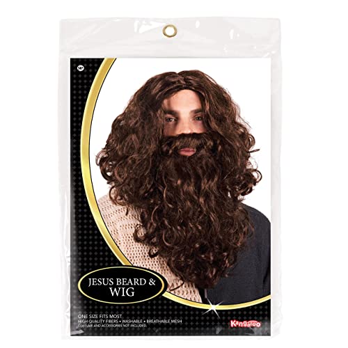 Kangaroo Jesus Beard And Wig Men For Jesus Costume - Synthetic Brown Long Beard Wig - Halloween, Hagrid, Caveman Costume Accessories #TOP1