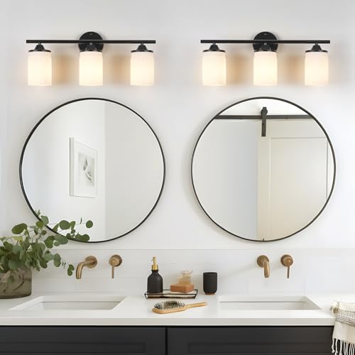 Image of Jonsi Black Bathroom Light Fixtures 3-Light Vanity Lights Modern Wall Sconce with Milk White Shade Bathroom Light Fixture Over Mirror for Bedroom Hallway Kitchen