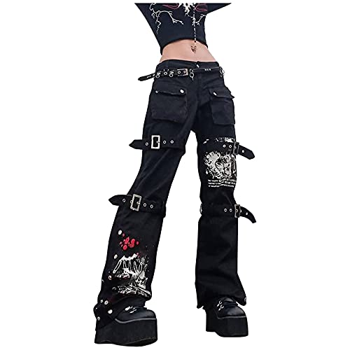 Women's Street Cool Gothic Style Low-Rise Jeans Baggy Denim Pants Loose Casual Pants Trousers Streetwear