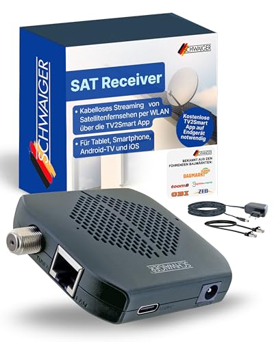 SCHWAIGER SAT Receiver I SAT-Dongle für Digitale Fernsehsignale per WLAN I kabelloses Streaming von Satellitenfernsehen per WiFi über TV2Smart App I drahtloser Satellitenempfänger für Fernseher