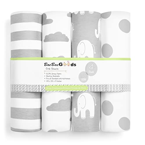 Image of BaeBae Goods Premium Crib Sheets for Baby Boys and Girls, 3 Pack, Soft and Breathable Jersey Cotton Fitted Sheet Set, Grey and White, Cute Gender Neutral Nursery Mattress Bedding, Universal Fit