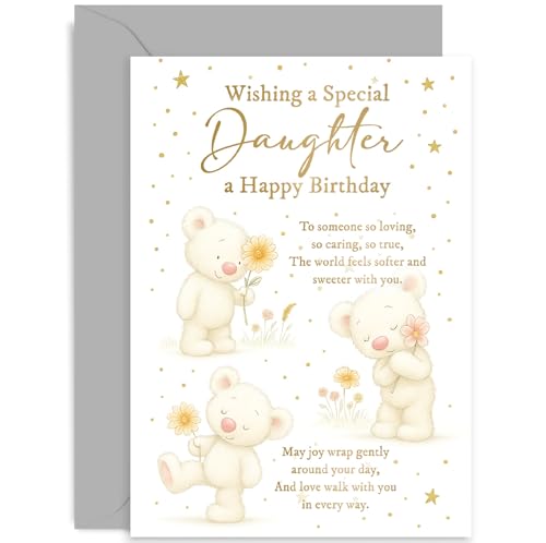 Daughter Birthday Cards for Her Sweet Poem Keepsake Gift for Her For Child Teenager Adult From Mum Dad Parents Lovely Cute Teddy Bear Design Blank Inside with Envelope