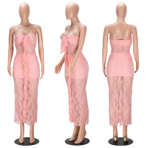 Image of PORRCEY Women's Sexy Rhinestone Lace Sheer Mesh Formal Evening Dress