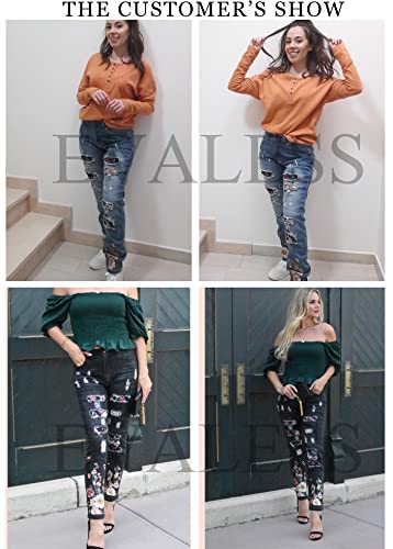 Evaless Ripped Jeans For Women Plaid Patch Democracy Print Distressed Boyfriend Losse Distressed American Flag Denim Jeans Pants With Hole Sky Blue Small #TOP3