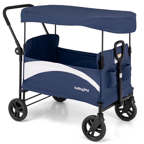 BABY JOY Collapsible Wagon Stroller for 2 Kids & Cargo, Push Pull Double Stroller with Adjustable...