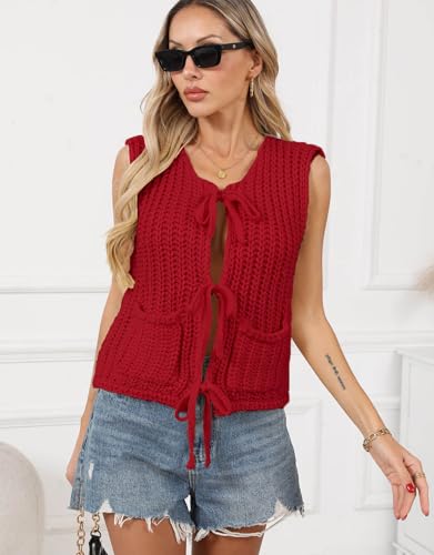 Image of Trendy Cardigan Sweater Vest Crochet Knit Top Sleeveless Bows with Pockets