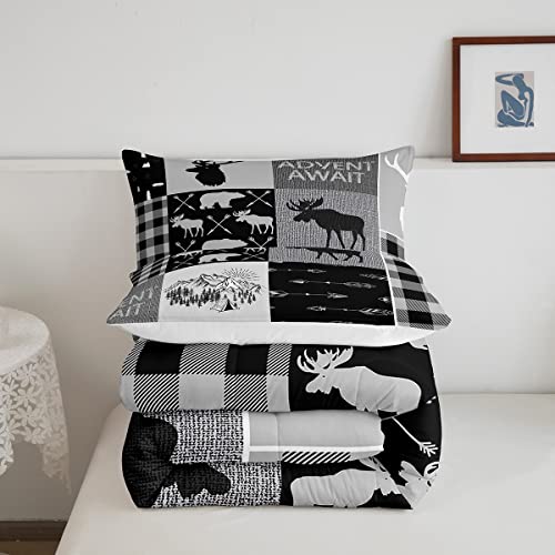 Hunting Deer Comforter Set For Boys,Rustic Camper Quilt Plaid Adventure Patchwork Down Comforter Country Wildlife Bear Bedding Set For Teens Adult Retro Cabin Farmhouse Decorations,Black Grey(Twin) #TOP4