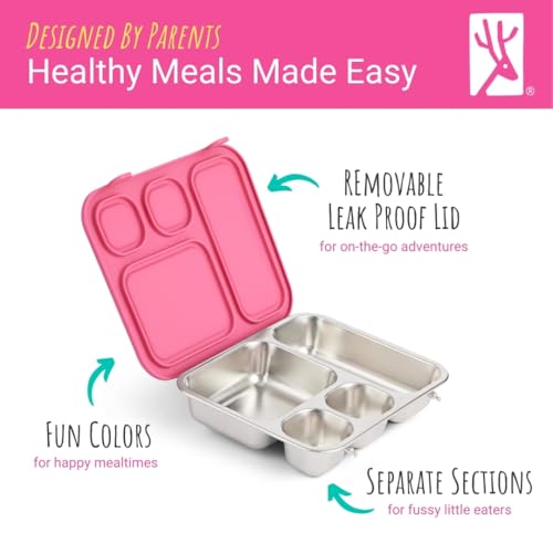 Elk and Friends Kids Stainless Steel Bento Box with Silicone Lid | Leak-proof | Toddler Lunch Container | 4 Compartments | Dishwasher Safe