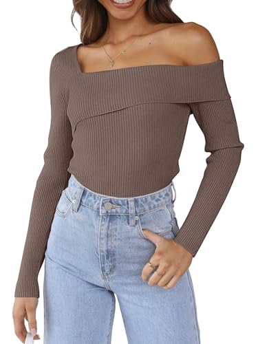 Image of LILLUSORY Womens Off the Shoulder Sweaters Going Out Fall Top | Flattering Ribbed Knit Bodycon Pullover for Date Night,Chic Asymmetric Neckline,Stretchy Holiday Party Clubwear Clothes