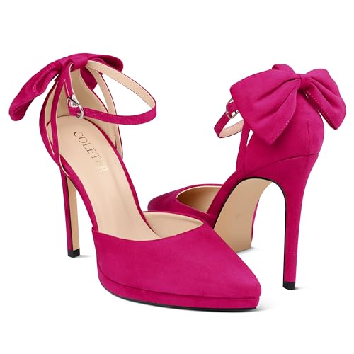 COLETER Women's Bowknot High Heels Platform D'Orsay Pumps Pointed Toe Stiletto Heels Ankle Strap Wedding Shoes