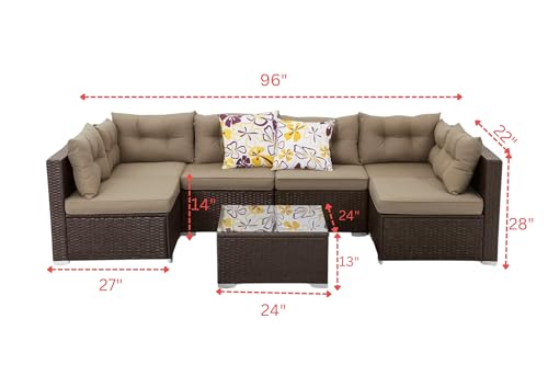 Image of DEVOKO 6 Seater Patio Outdoor Indoor All-Weather Sectional Sofa HDPE Rattan Manual Weaving Wicker Conversation Furniture Set for Garden, Porch, Terrace, Deck, Lawn (Dark Brown & Beige)