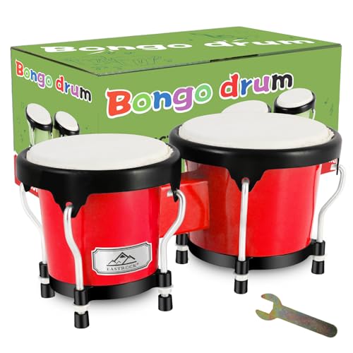 EastRock - Juego de tambor de bongo de 10,2 cm y 12,7 cm para adultos y principiantes, tambor de percusión con llave de afinación (rojo)