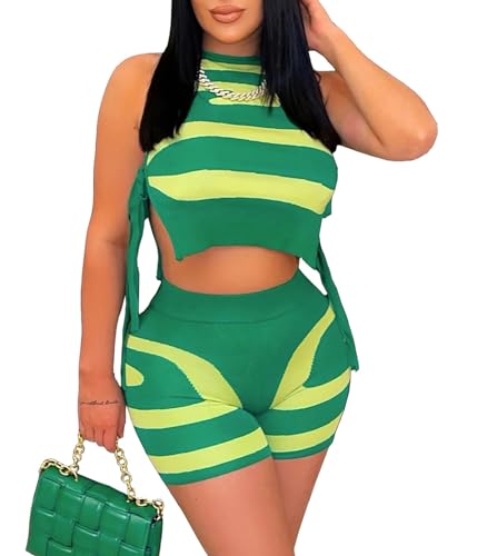 Survêtement en tricot côtelé pour femme ensemble short et crop top moulant sans manches