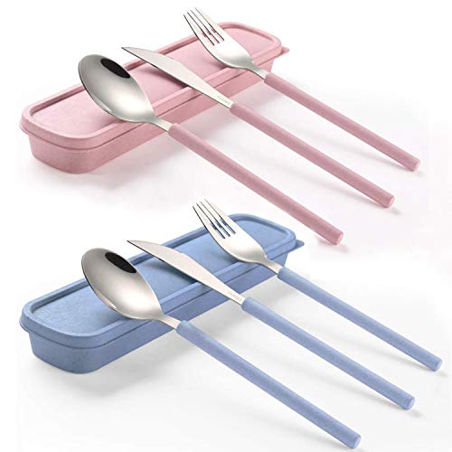 Portable Home Utensils Reusable Flatware Set with Case Stainless Steel Metal Travel Cutlery Lunch Tableware 3Pcs Size Fork Spoon Knife with Colored Handle