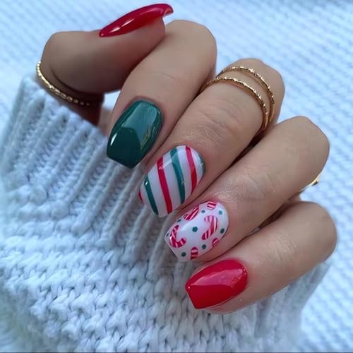 SINSEN Short Square Christmas Press on Nails Red Green Fake Nails with Candy Cane Stripe Pattern Designs Cute Winter Glue on Nails for Women Girls DIY Festival Finger Manicure Decorations - 24Pcs/Set
