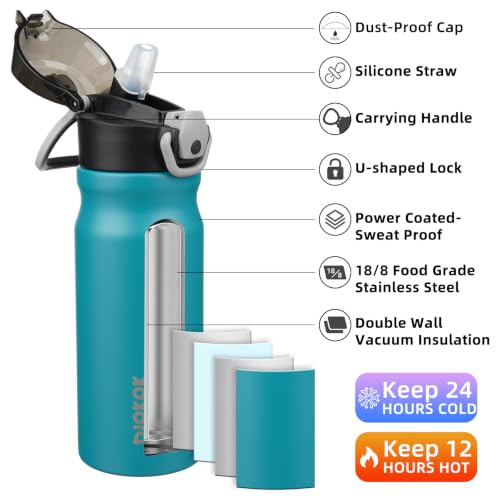 Image of BJPKPK 18 oz Water Bottle with Straw & Handle, Insulated Stainless Flask | Leak Proof Locking Lid, Thermal, Double Wall Vacuum, Keeps Hot /Cold, BPA Free, Dishwasher Safe, Travel & Sports, Laguna