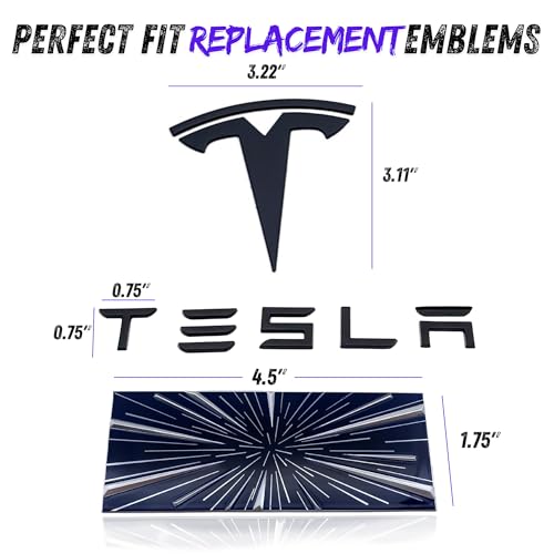 Image of Metal T Logo Tesla Letters Performance Ludicrous Emblem Logo Decal Sticker Front Rear Tailgate in Matte Black for Tesla Model 3 Highland (Matte Black - Letters & Highland)