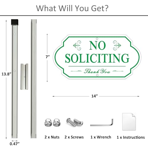 Image of Heavy Duty No Soliciting Sign for House - All Metal Construction No Soliciting Yard Sign - 14 inch x 7 inch - Aluminum - with 28 inch Long Stake (GREEN and WHITE)