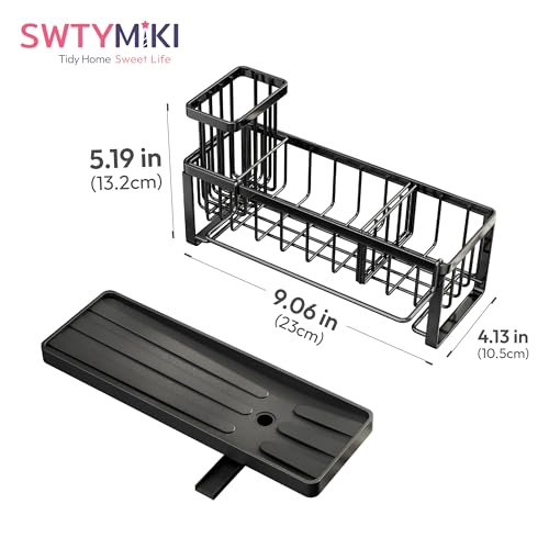 SWTYMIKI Kitchen Sink Caddy Organiser - Sink Tidy Organiser with Auto Draining Tray, Brush Holder, Stainless Steel Sponge Holder with Divider for Countertop Kitchen Storage & Organisation, Black - Image 7