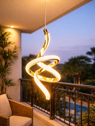 Image of Modern Spiral Shape Gold Finish Energy Saving Led Pendant Hanging with 3 Different Color Mode (Warm White, Cool White, Neutral White) for Bedroom, Living Room, Restaurants, Dining, Home