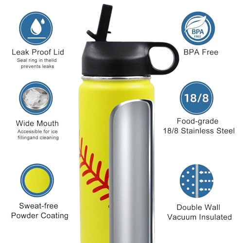 Softball Water Bottle 22 oz Sports Flask Metal Travel Tumbler with 2 Lids, Stainless Steel Double Wall Vacuum Insulated Leak Proof Water Bottles, Softball Accessories Stuff Gifts for Mom Boys Girls — view 5